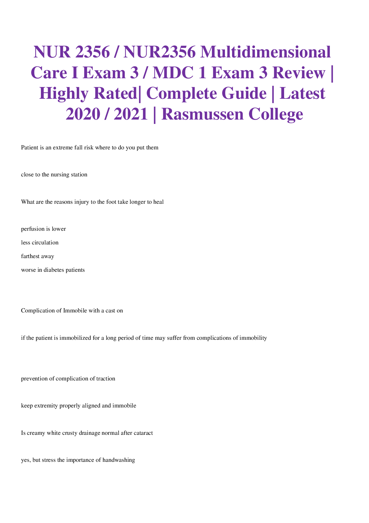 NUR 2356 / NUR2356 Multidimensional Care I Exam 3 / MDC 1 Exam 3 Review | Highly Rated| Complete Guide | Latest 2020 / 2021 | Rasmussen College